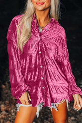 Hiosd Velvet Pleated Button Down Long Sleeve Shirt